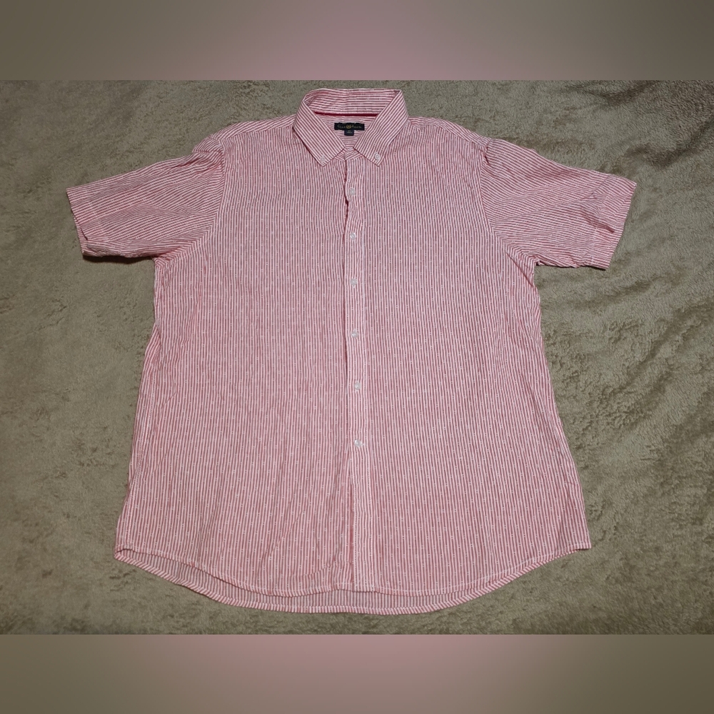 GUC Mens Club Room Short Sleeve Linen Shirt Sz XL Soft red striped